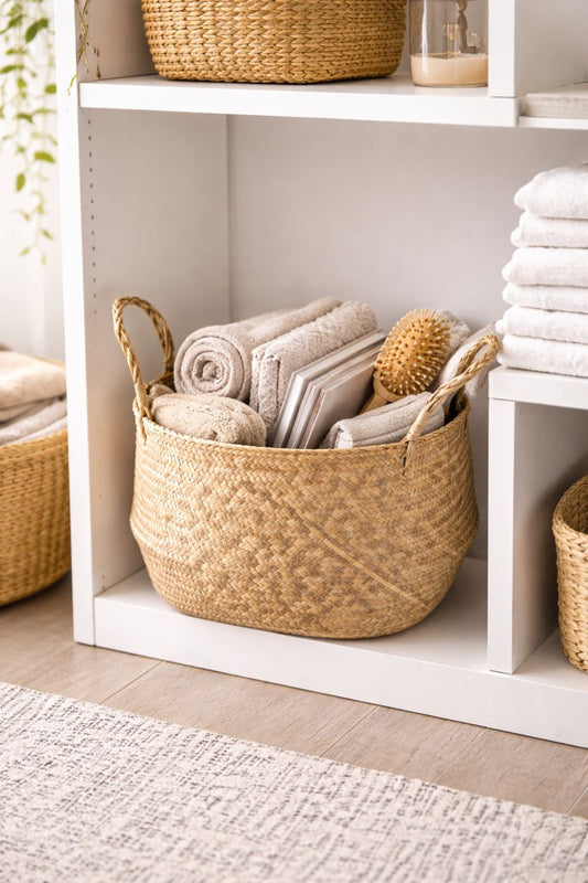 Wicker Basket with Seaweed Suspended in Rattan – Organisation with Natural Style